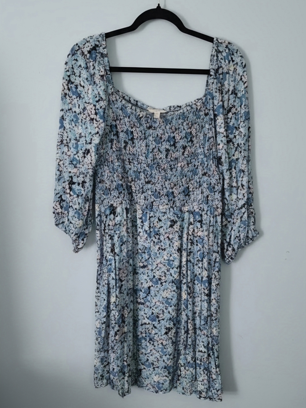 Light Blue Floral Smocked Mini Dress with Square Neck